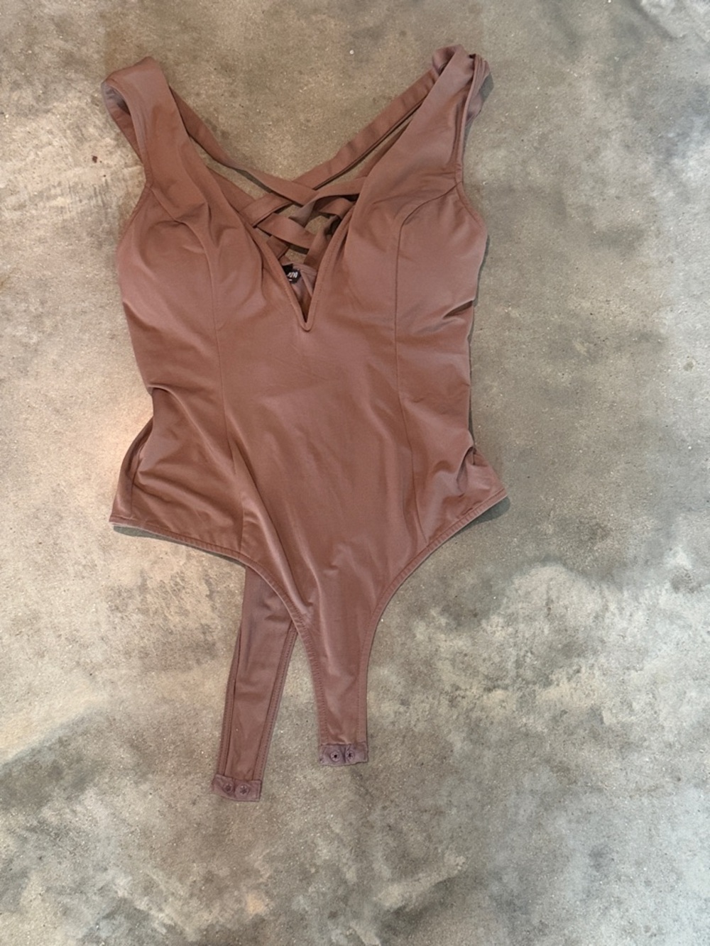 Fashion Nova Satin-Look Crisscross Bodysuit in Taupe